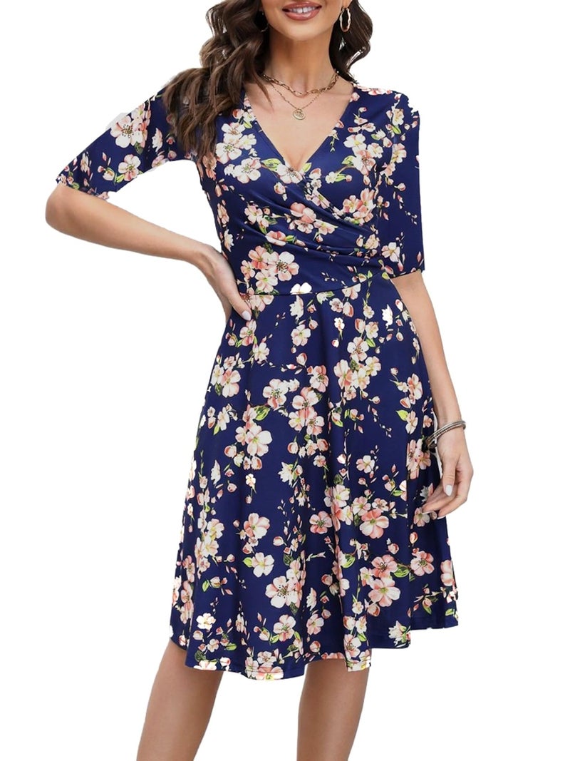 oxiuly Women's Vintage Criss-Cross Necklines Half Sleeve Floral Casual Work Party Cocktail Stretch Swing Dress OX233 (M, Navy Blue F5) - Image 1